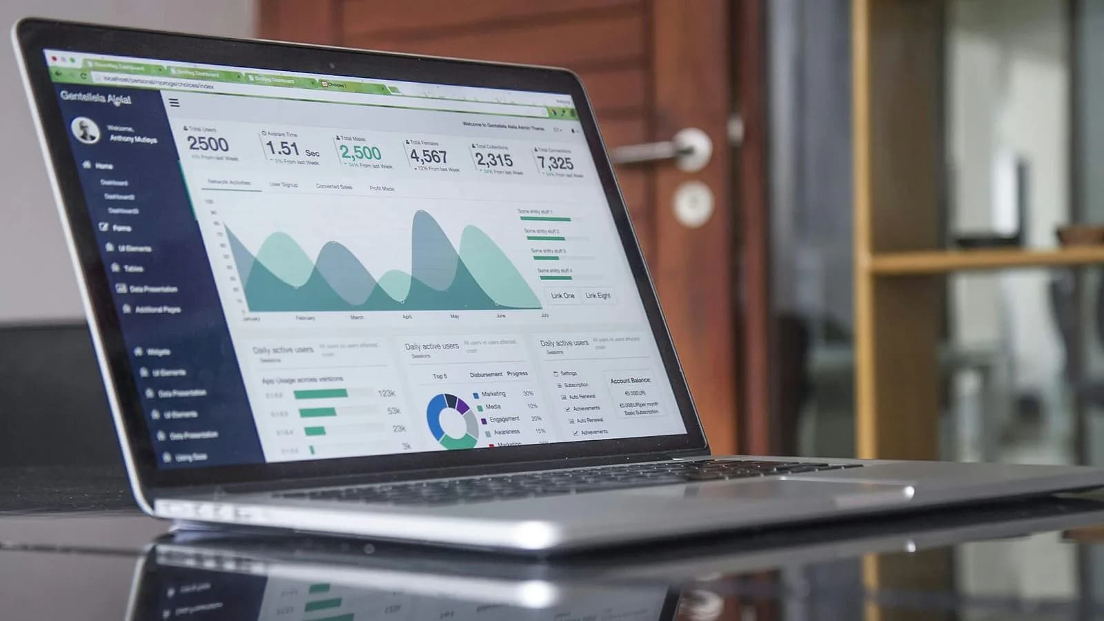 A laptop on a reflective desk showing a dashboard with a dark navy sidebar, area charts and key figures.