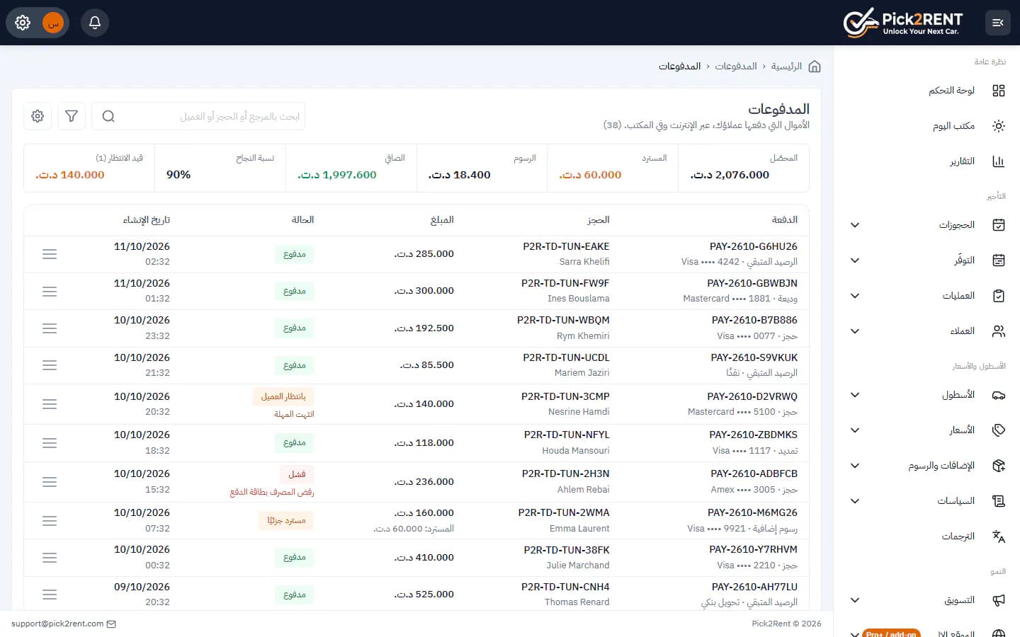 المدفوعات مع حالتها ومبالغها