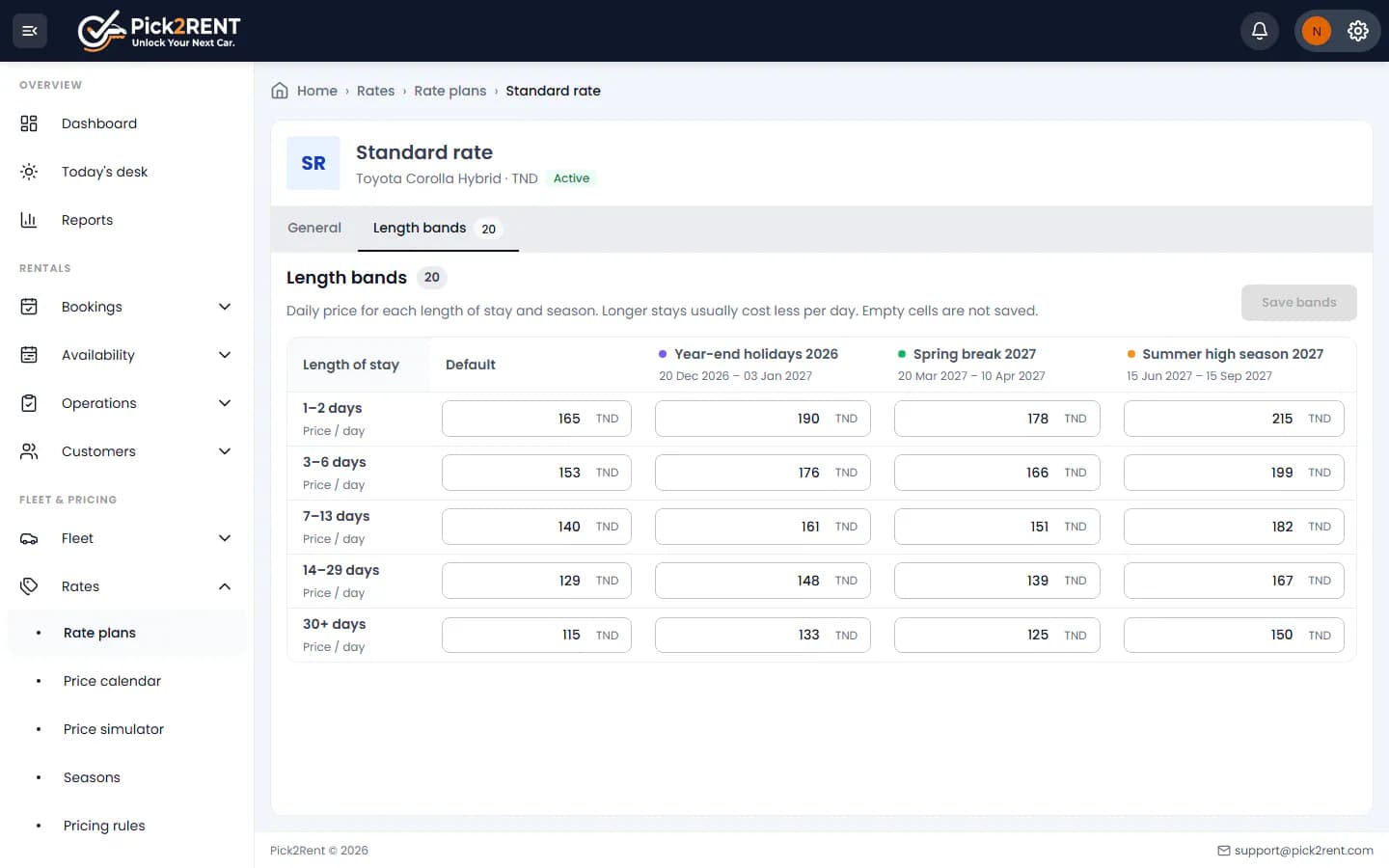 Price calendar by length of stay